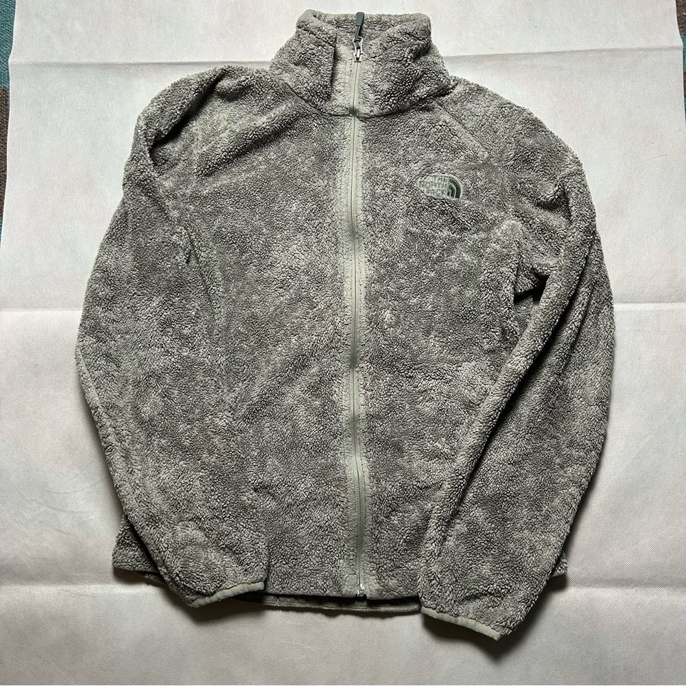 The North Face fleece teddy greenish/grey full zip sweater size small